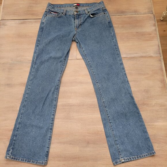 Tommy Jeans Women's Blue Wide Bootleg Mid Rise Med Wash Denim Jeans size 9/31 - Picture 1 of 10